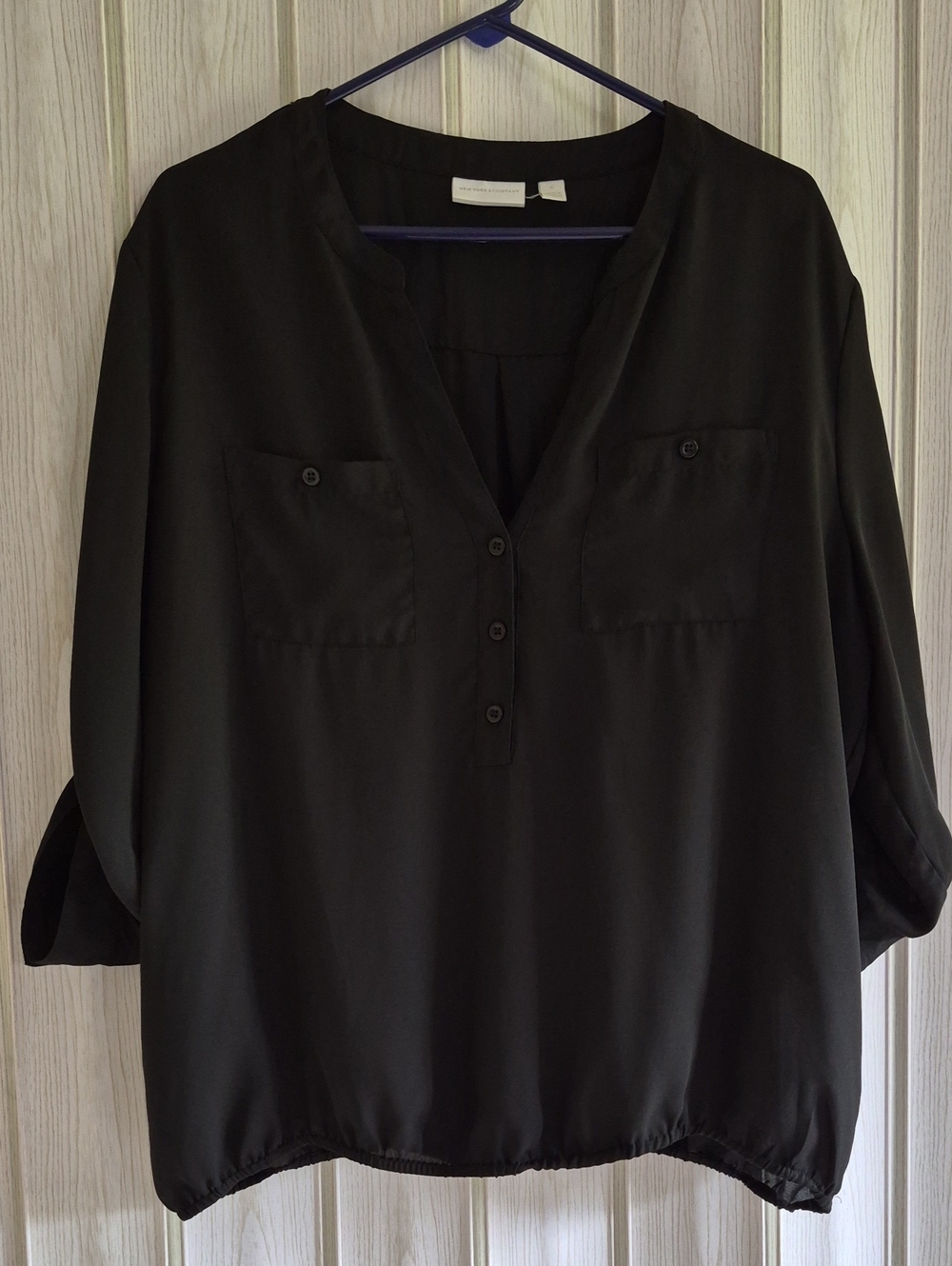 New York & Company Black V-Neck Elastic Waist Blouse